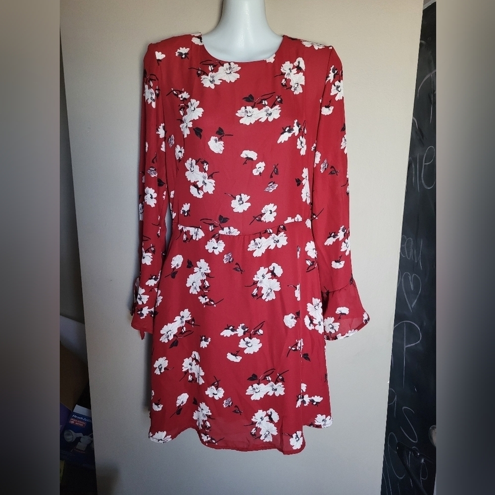 Dynamite Red Floral Long Sleeve Dress, Size Small